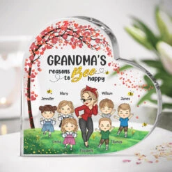 Grandma Reasons Bee Happy - Family Personalized Custom Heart Shaped Acrylic Plaque - Mother's Day, Birthday Gift For Grandma