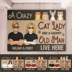 A Crazy Cat Lady & A Grumpy Old Man Live Here - Cat Personalized Custom Decorative Mat - Gift For Couples, Pet Owners, Pet Lovers