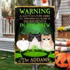 Halloween For Cats - A Witch Lives Here - All Trespassers Will Be Used As Ingredients - Personalized Metal Sign, Halloween Ideas
