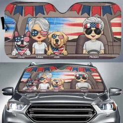 Couple & Dogs 4th July - Personalized Auto Sunshade - Gift For Couples, Husband Wife