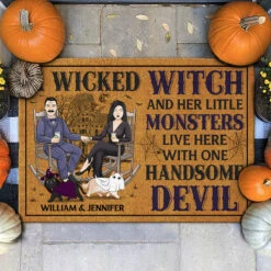 A Wicked Witch & Her Lil Monsters Live Here With A Handsome Devil - Personalized Decorative Mat - Gift For Couple, Husband Wife, Pet Lovers, Halloween Gift