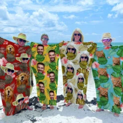 Tropical Leaves And Flowers - Personalized Custom Beach Towel - Upload Image, Gift For Family, Gift For Kids