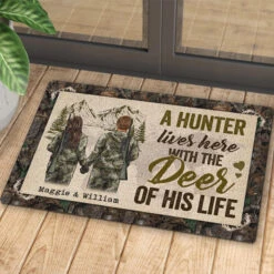 A Hunter Lives Here With The Deer Of His Life - Gift For Hunting Couples, Personalized Decorative Mat