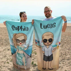 Summer Chibi Couple Beach Holiday - Personalized Beach Towel - Gift For Couples, Husband & Wife