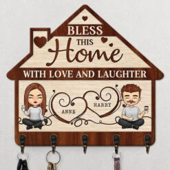 Bless This Home With Love And Laughter - Personalized Key Hanger, Key Holder - Gift For Couple, Husband Wife, Anniversary, Engagement, Wedding, Marriage Gift