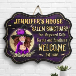 Salem Sanctuary For Wayward Cats, Ferals And Familiars - Personalized Witch Shaped Wood Sign - Gift For Witches, Gift For Yourself, Halloween Gift