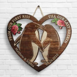 Penguin Couple Our First Kiss - Personalized Shaped Wood Sign - Gift For Couples, Husband Wife