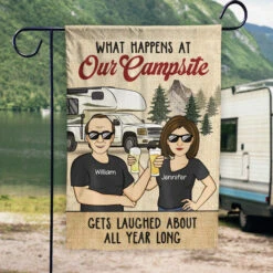 What Happens At Our Campsite Vintage - Personalized Flag - Gift For Camping Lovers
