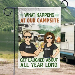 What Happens At Our Campsite - Personalized Flag - Gift For Camping Lovers
