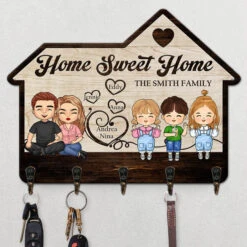 Home Sweet Home With Kids - Personalized Key Hanger, Key Holder - Gift For Couple, Husband Wife, Anniversary, Engagement, Wedding, Marriage Gift