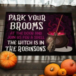 Park Your Brooms At The Door - Personalized Decorative Mat, Halloween Ideas.