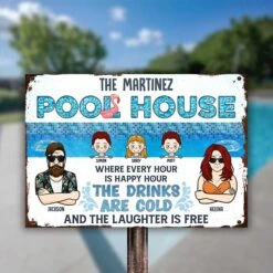 Family Pool House The Laughter Is Free - Personalized Metal Sign - Gift For Couples, Husband Wife