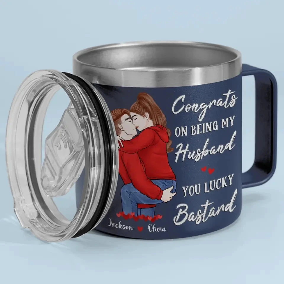 Congrats On Being My Husband - Couple Personalized Custom 14oz Stainless Steel Tumbler With Handle - Gift For Husband Wife, Anniversary 2 Congrats On Being My Husband - Couple Personalized Custom 14oz Stainless Steel Tumbler With Handle - Gift For Husband Wife, Anniversary - Image 2