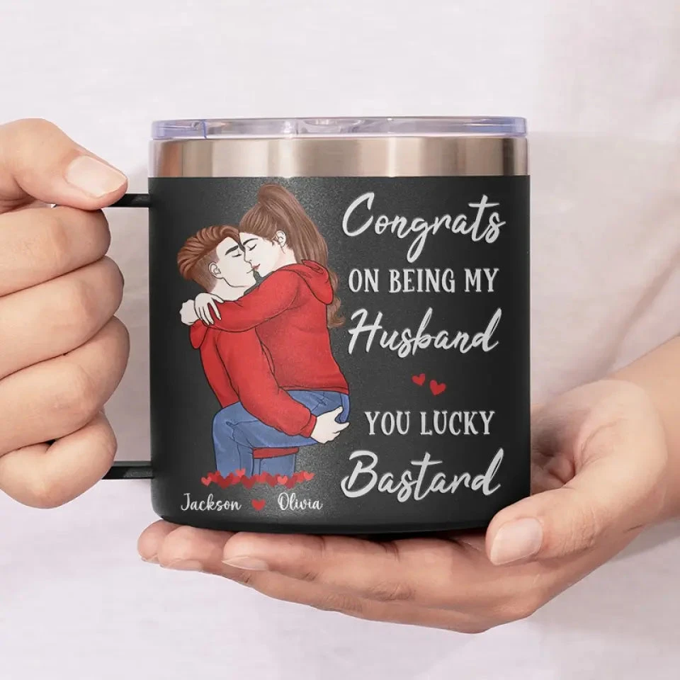 Congrats On Being My Husband - Couple Personalized Custom 14oz Stainless Steel Tumbler With Handle - Gift For Husband Wife, Anniversary 3 Congrats On Being My Husband - Couple Personalized Custom 14oz Stainless Steel Tumbler With Handle - Gift For Husband Wife, Anniversary - Image 3