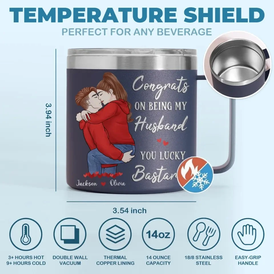 Congrats On Being My Husband - Couple Personalized Custom 14oz Stainless Steel Tumbler With Handle - Gift For Husband Wife, Anniversary 4 Congrats On Being My Husband - Couple Personalized Custom 14oz Stainless Steel Tumbler With Handle - Gift For Husband Wife, Anniversary - Image 4