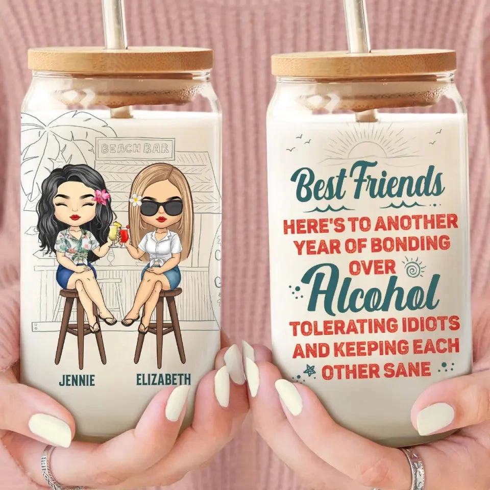 Hangovers Are Temporary But Drunk Stories Are Forever - Bestie Personalized Custom Glass Cup, Iced Coffee Cup - Gift For Best Friends, BFF, Sisters 4 Hangovers Are Temporary But Drunk Stories Are Forever - Bestie Personalized Custom Glass Cup, Iced Coffee Cup - Gift For Best Friends, BFF, Sisters - Image 4