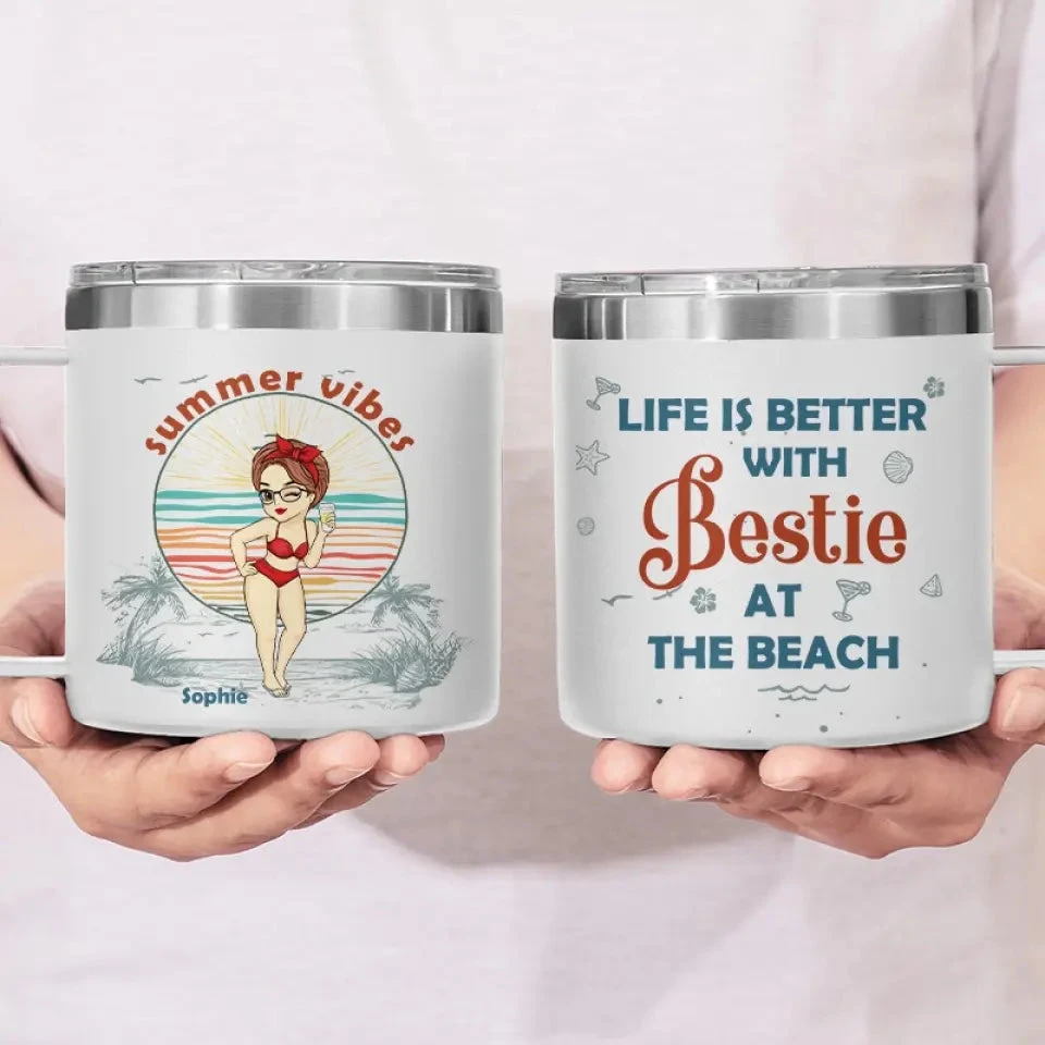 Summer Is Better With Bestie - Bestie Personalized Custom 14oz Stainless Steel Tumbler With Handle - Summer Vacation Gift For Best Friends, BFF, Sisters 3 Summer Is Better With Bestie - Bestie Personalized Custom 14oz Stainless Steel Tumbler With Handle - Summer Vacation Gift For Best Friends, BFF, Sisters - Image 3
