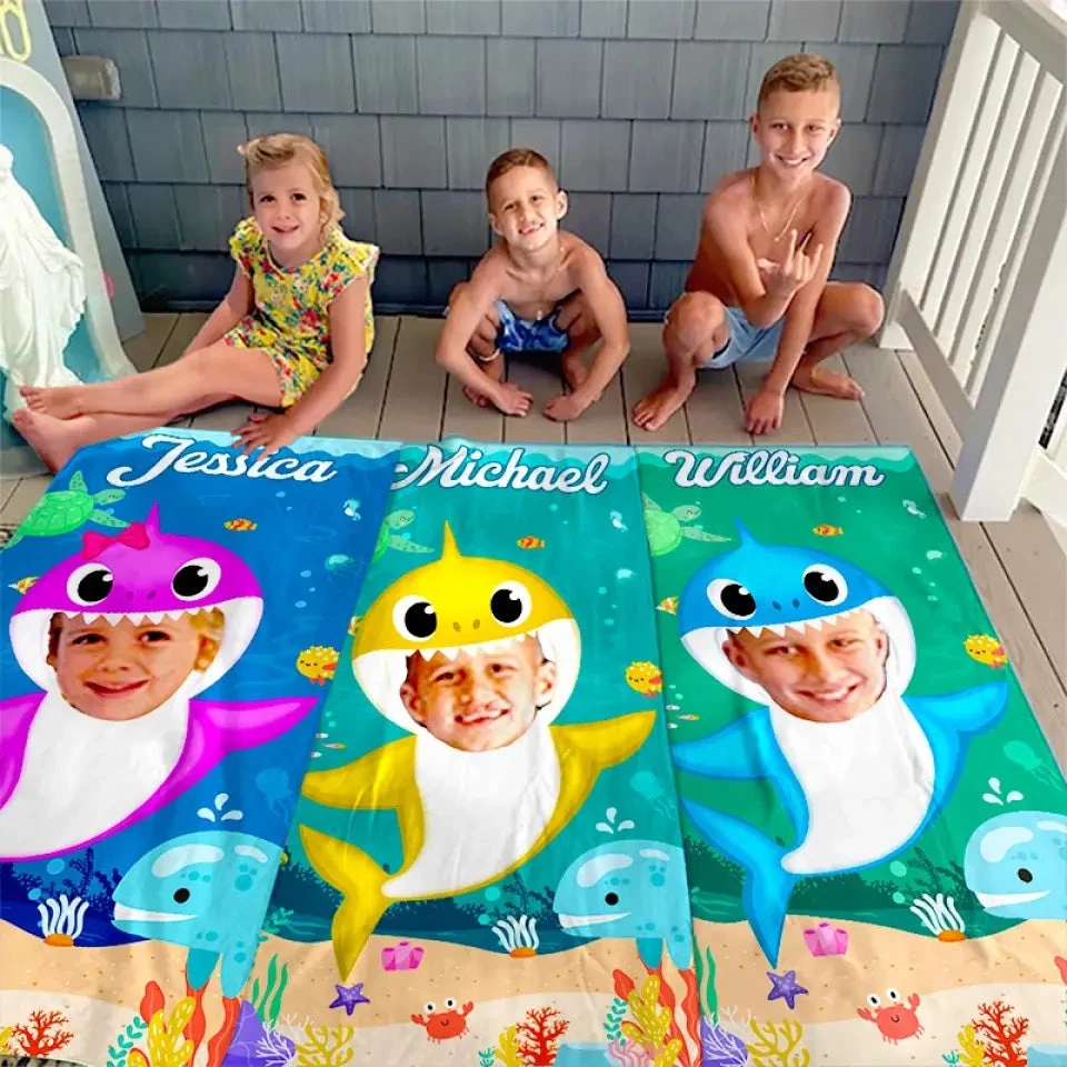 Custom Photo Baby Shark - Family Personalized Custom Beach Towel - Summer Vacation Gift, Birthday Pool Party Gift For Family Members 1 Custom Photo Baby Shark - Family Personalized Custom Beach Towel - Summer Vacation Gift, Birthday Pool Party Gift For Family Members