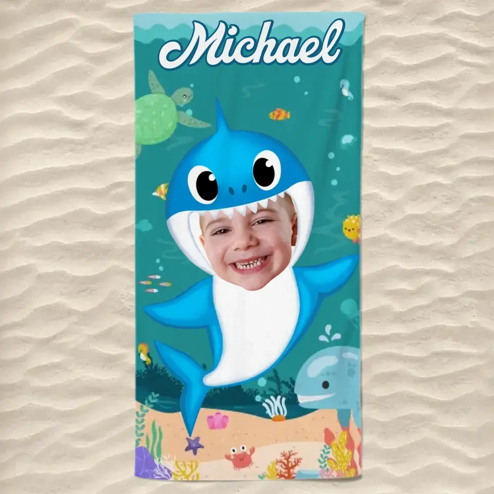 Custom Photo Baby Shark - Family Personalized Custom Beach Towel - Summer Vacation Gift, Birthday Pool Party Gift For Family Members 2 Custom Photo Baby Shark - Family Personalized Custom Beach Towel - Summer Vacation Gift, Birthday Pool Party Gift For Family Members - Image 2