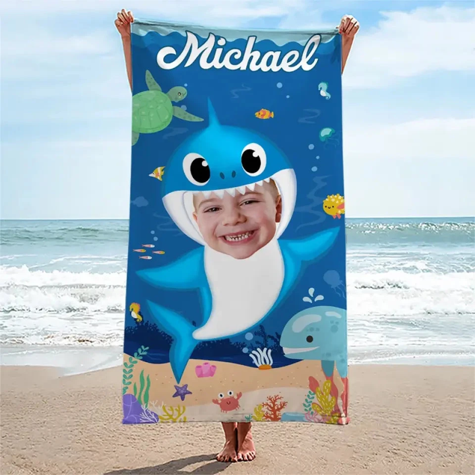 Custom Photo Baby Shark - Family Personalized Custom Beach Towel - Summer Vacation Gift, Birthday Pool Party Gift For Family Members 3 Custom Photo Baby Shark - Family Personalized Custom Beach Towel - Summer Vacation Gift, Birthday Pool Party Gift For Family Members - Image 3