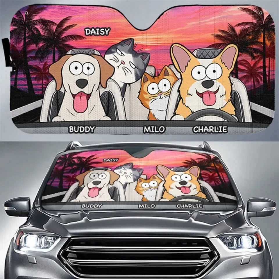 Pet Happy Journey In Sunset - Dog & Cat Personalized Custom Auto Windshield Sunshade, Car Window Protector - Gift For Pet Owners, Pet Lovers 1 Pet Happy Journey In Sunset - Dog & Cat Personalized Custom Auto Windshield Sunshade, Car Window Protector - Gift For Pet Owners, Pet Lovers