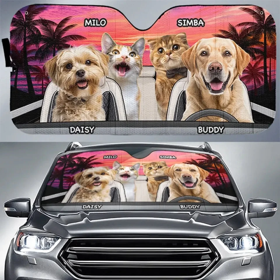 Custom Photo Pet Happy Journey In Sunset - Dog & Cat Personalized Custom Auto Windshield Sunshade, Car Window Protector - Gift For Pet Owners, Pet Lovers 1 Custom Photo Pet Happy Journey In Sunset - Dog & Cat Personalized Custom Auto Windshield Sunshade, Car Window Protector - Gift For Pet Owners, Pet Lovers