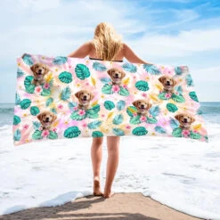 Custom Photo Happy Tails In Summer Trails - Dog & Cat Personalized Custom Beach Towel - Summer Vacation Gift, Birthday Pool Party Gift For Pet Owners, Pet Lovers