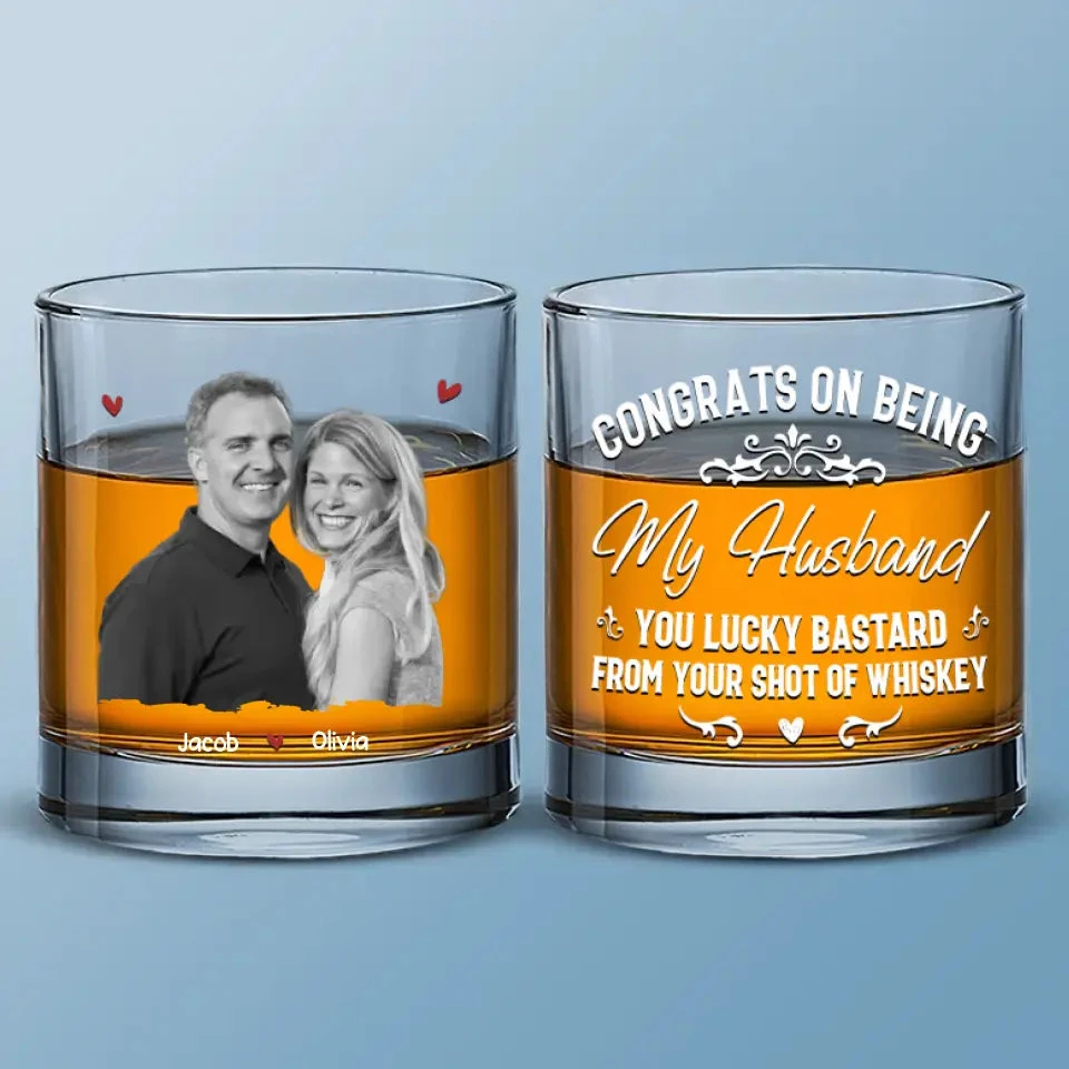 Custom Photo Congrats On Being My Husband - Couple Personalized Custom Whiskey Glass - Gift For Husband Wife, Anniversary 2 Custom Photo Congrats On Being My Husband - Couple Personalized Custom Whiskey Glass - Gift For Husband Wife, Anniversary - Image 2