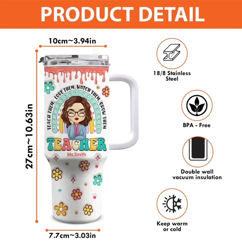 Teach Them Love Them - Teacher Personalized Custom 3D Inflated Effect Printed 40 Oz Stainless Steel Tumbler With Handle - Gift For Teacher 4 Teach Them Love Them - Teacher Personalized Custom 3D Inflated Effect Printed 40 Oz Stainless Steel Tumbler With Handle - Gift For Teacher - Image 4