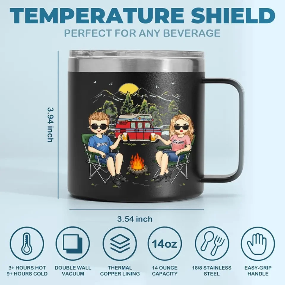 Life Is Better Around The Campfire - Camping Personalized Custom 14oz Stainless Steel Tumbler With Handle - Gift For Couple, Husband Wife, Camping Lovers 4 Life Is Better Around The Campfire - Camping Personalized Custom 14oz Stainless Steel Tumbler With Handle - Gift For Couple, Husband Wife, Camping Lovers - Image 4