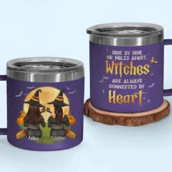 Witches Are Always Connected By Heart - Bestie Personalized Custom 14oz Stainless Steel Tumbler With Handle - Halloween Gift For Best Friends, BFF, Sisters