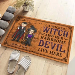 A Wicked Witch And Her Handsome Devil Live Here - Couple Personalized Custom Home Decor Decorative Mat - Halloween Gift For Husband Wife, Anniversary -Pawfect House Store 66cc4e9bd3b1f