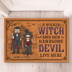 A Wicked Witch And Her Handsome Devil Live Here - Couple Personalized Custom Home Decor Decorative Mat - Halloween Gift For Husband Wife, Anniversary -Pawfect House Store 66cc4e9ee2b49