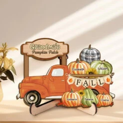 Grandma's Truck, Full Of Pumpkins And Love - Family Personalized Custom 2-Layered Wooden Plaque With Stand - Gift For Mom, Grandma