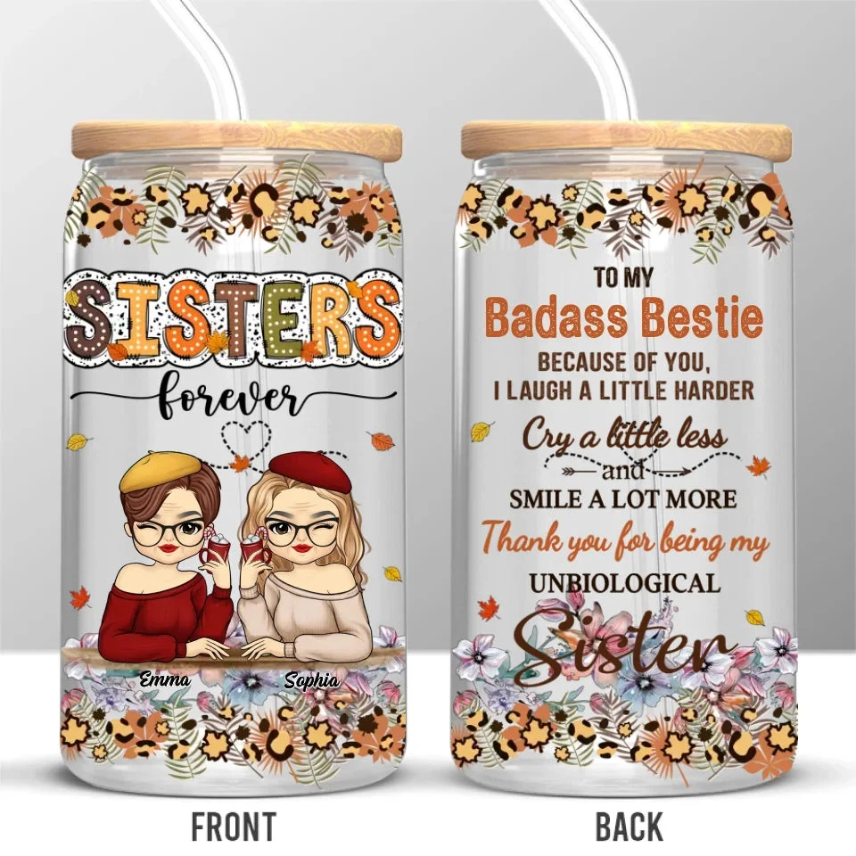 Thank You For Being My Unbiological Sister - Bestie Personalized Custom Glass Cup, Iced Coffee Cup - Gift For Best Friends, BFF, Sisters 2 Thank You For Being My Unbiological Sister - Bestie Personalized Custom Glass Cup, Iced Coffee Cup - Gift For Best Friends, BFF, Sisters - Image 2
