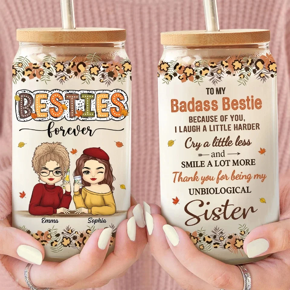Thank You For Being My Unbiological Sister - Bestie Personalized Custom Glass Cup, Iced Coffee Cup - Gift For Best Friends, BFF, Sisters 3 Thank You For Being My Unbiological Sister - Bestie Personalized Custom Glass Cup, Iced Coffee Cup - Gift For Best Friends, BFF, Sisters - Image 3