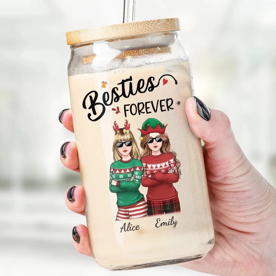 Homies For The Holidays - Bestie Personalized Custom Glass Cup, Iced Coffee Cup - Christmas Gift For Best Friends, BFF, Sisters 1 Homies For The Holidays - Bestie Personalized Custom Glass Cup, Iced Coffee Cup - Christmas Gift For Best Friends, BFF, Sisters