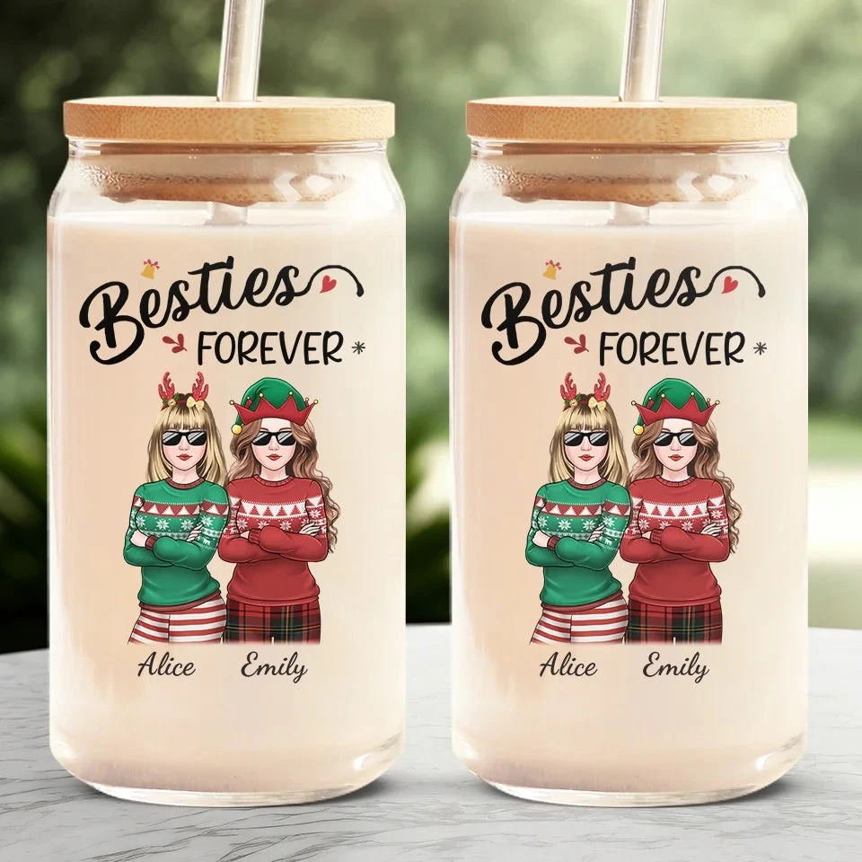 Homies For The Holidays - Bestie Personalized Custom Glass Cup, Iced Coffee Cup - Christmas Gift For Best Friends, BFF, Sisters 3 Homies For The Holidays - Bestie Personalized Custom Glass Cup, Iced Coffee Cup - Christmas Gift For Best Friends, BFF, Sisters - Image 3