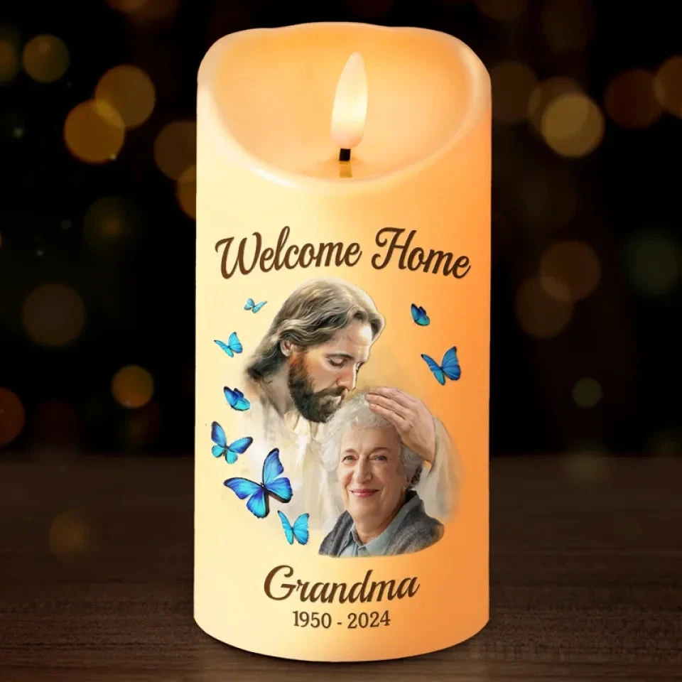 Custom Photo Home With God, But Your Love Will Never Fade - Memorial Personalized Custom LED Candle - Sympathy Gift, Christmas Gift For Family Members 1 Custom Photo Home With God, But Your Love Will Never Fade - Memorial Personalized Custom LED Candle - Sympathy Gift, Christmas Gift For Family Members