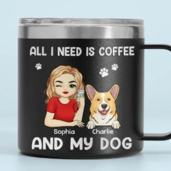 All I Need Is Coffee And My Fur Babies - Dog & Cat Personalized Custom 14oz Stainless Steel Tumbler With Handle - Christmas Gift For Pet Owners, Pet Lovers