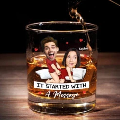 Custom Photo It Started With A Message - Couple Personalized Custom Whiskey Glass - Gift For Husband Wife, Anniversary