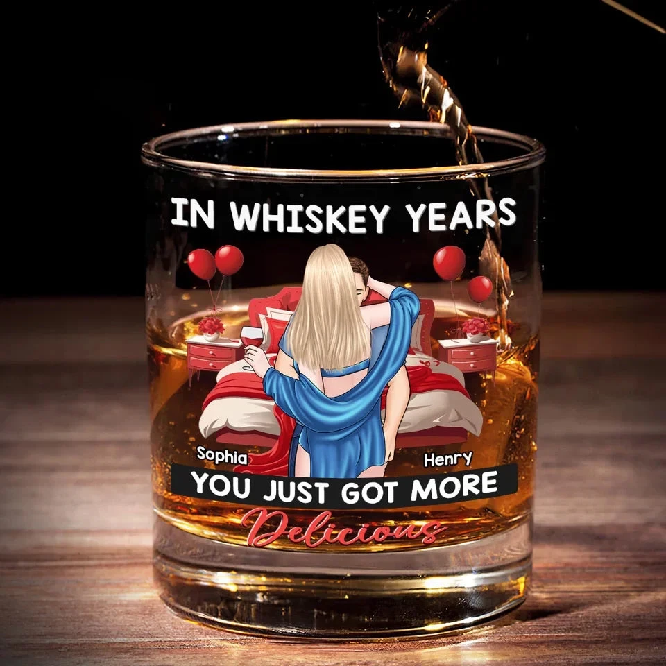 In Whiskey Years You Just Got More Delicious - Couple Personalized Custom Whiskey Glass - Gift For Husband Wife, Anniversary 1 In Whiskey Years You Just Got More Delicious - Couple Personalized Custom Whiskey Glass - Gift For Husband Wife, Anniversary