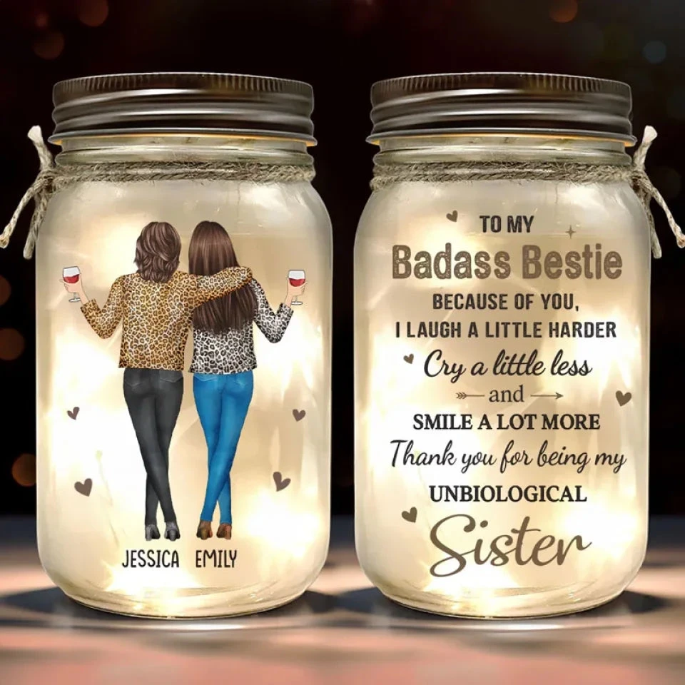 Because Of You, I Laugh A Little Harder - Bestie Personalized Custom Mason Jar Light - Gift For Best Friends, BFF, Sisters 1 Because Of You, I Laugh A Little Harder - Bestie Personalized Custom Mason Jar Light - Gift For Best Friends, BFF, Sisters
