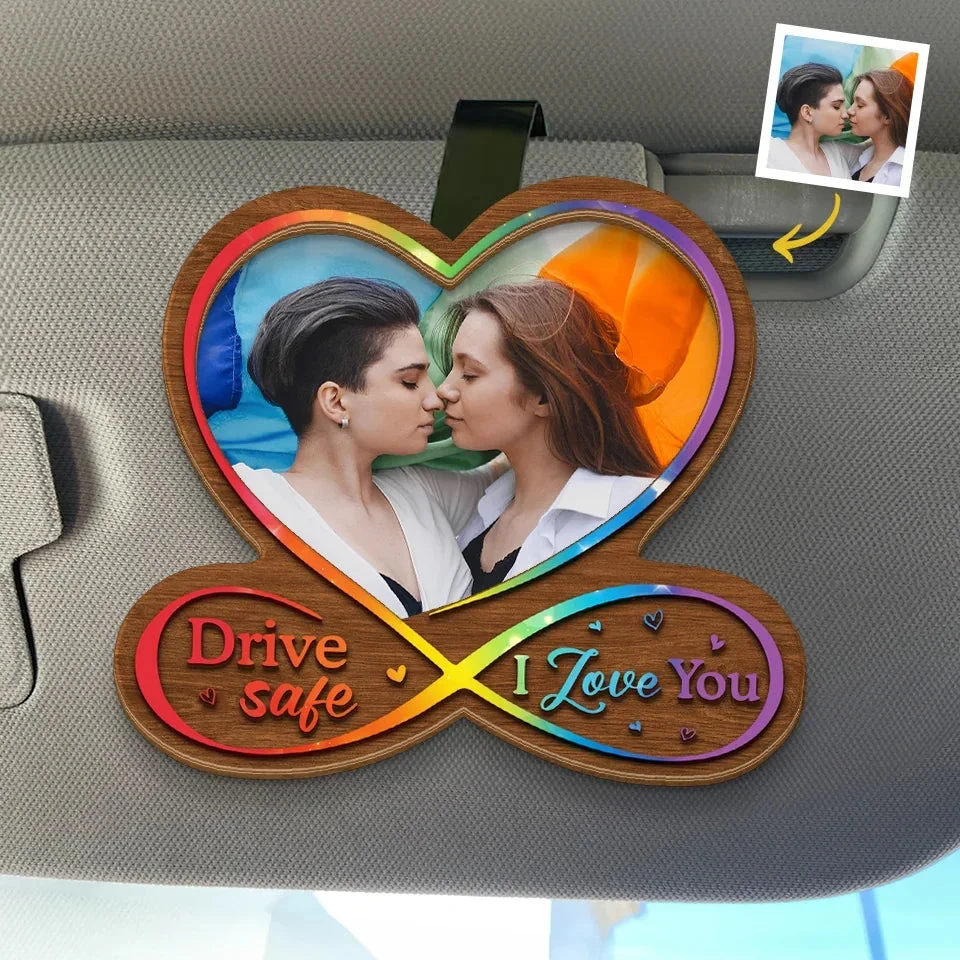 Custom Photo Drive Safe, My Love - Couple Personalized Custom Car Visor Clip - Gift For Husband Wife, Anniversary, LGBTQ+ 1 Custom Photo Drive Safe, My Love - Couple Personalized Custom Car Visor Clip - Gift For Husband Wife, Anniversary, LGBTQ+