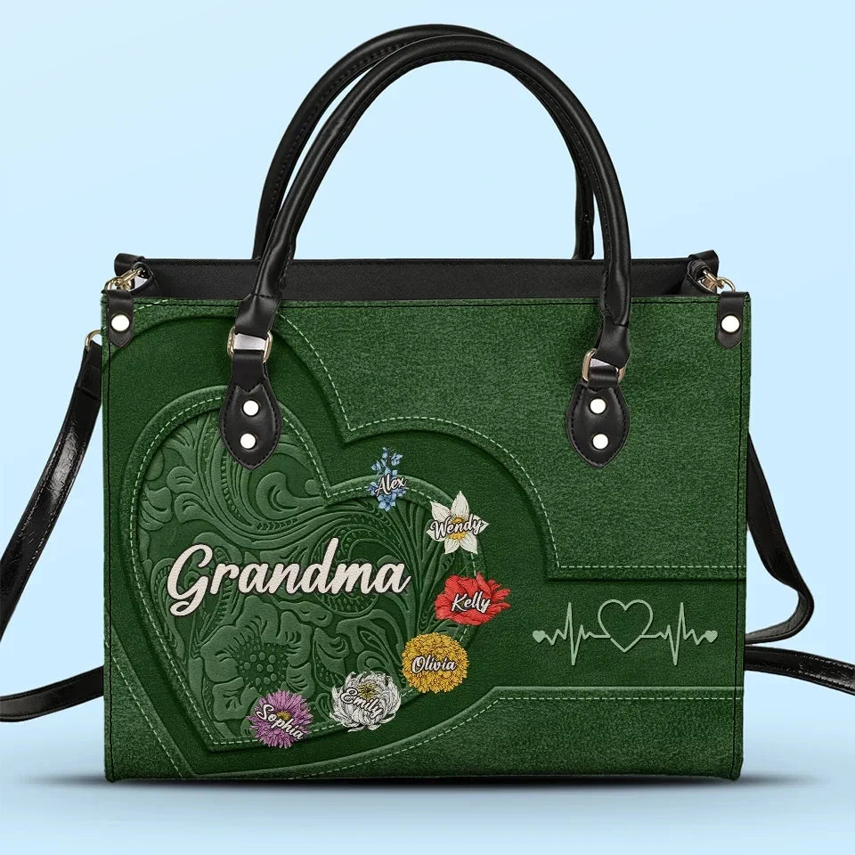 Every Grandma Is A Flower That Never Fades - Family Personalized Custom Leather Handbag - Gift For Mom, Grandma 1 Every Grandma Is A Flower That Never Fades - Family Personalized Custom Leather Handbag - Gift For Mom, Grandma