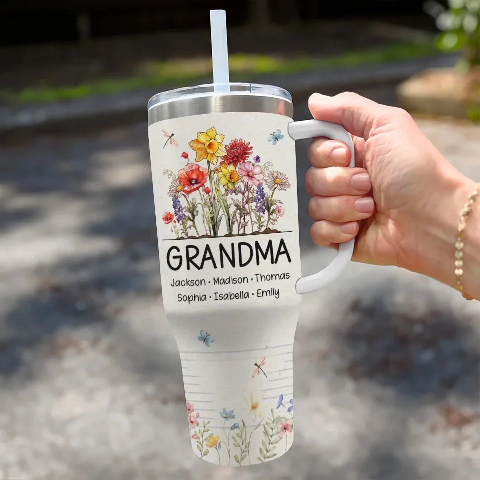 Grandma’s Love Blooms Like A Garden In Spring - Family Personalized Custom 40 Oz Stainless Steel Tumbler With Handle - Gift For Mom, Grandma 3 Grandma’s Love Blooms Like A Garden In Spring - Family Personalized Custom 40 Oz Stainless Steel Tumbler With Handle - Gift For Mom, Grandma - Image 3