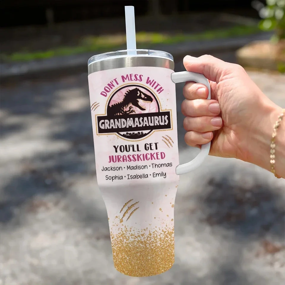 Her Heart’s As Big As A Dinosaur’s Roar - Family Personalized Custom 40 Oz Stainless Steel Tumbler With Handle - Gift For Mom, Grandma 3 Her Heart’s As Big As A Dinosaur’s Roar - Family Personalized Custom 40 Oz Stainless Steel Tumbler With Handle - Gift For Mom, Grandma - Image 3