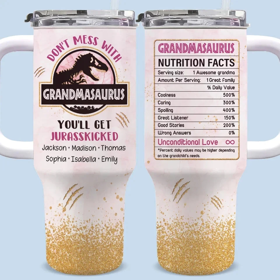 Her Heart’s As Big As A Dinosaur’s Roar - Family Personalized Custom 40 Oz Stainless Steel Tumbler With Handle - Gift For Mom, Grandma 1 Her Heart’s As Big As A Dinosaur’s Roar - Family Personalized Custom 40 Oz Stainless Steel Tumbler With Handle - Gift For Mom, Grandma