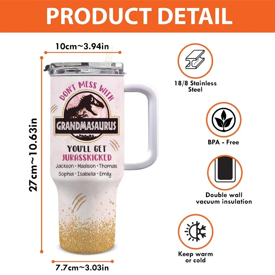 Her Heart’s As Big As A Dinosaur’s Roar - Family Personalized Custom 40 Oz Stainless Steel Tumbler With Handle - Gift For Mom, Grandma 4 Her Heart’s As Big As A Dinosaur’s Roar - Family Personalized Custom 40 Oz Stainless Steel Tumbler With Handle - Gift For Mom, Grandma - Image 4