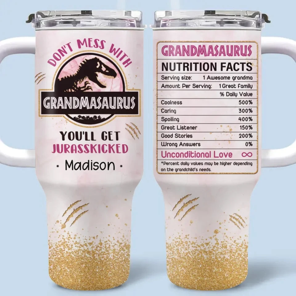 Her Heart’s As Big As A Dinosaur’s Roar - Family Personalized Custom 40 Oz Stainless Steel Tumbler With Handle - Gift For Mom, Grandma 2 Her Heart’s As Big As A Dinosaur’s Roar - Family Personalized Custom 40 Oz Stainless Steel Tumbler With Handle - Gift For Mom, Grandma - Image 2